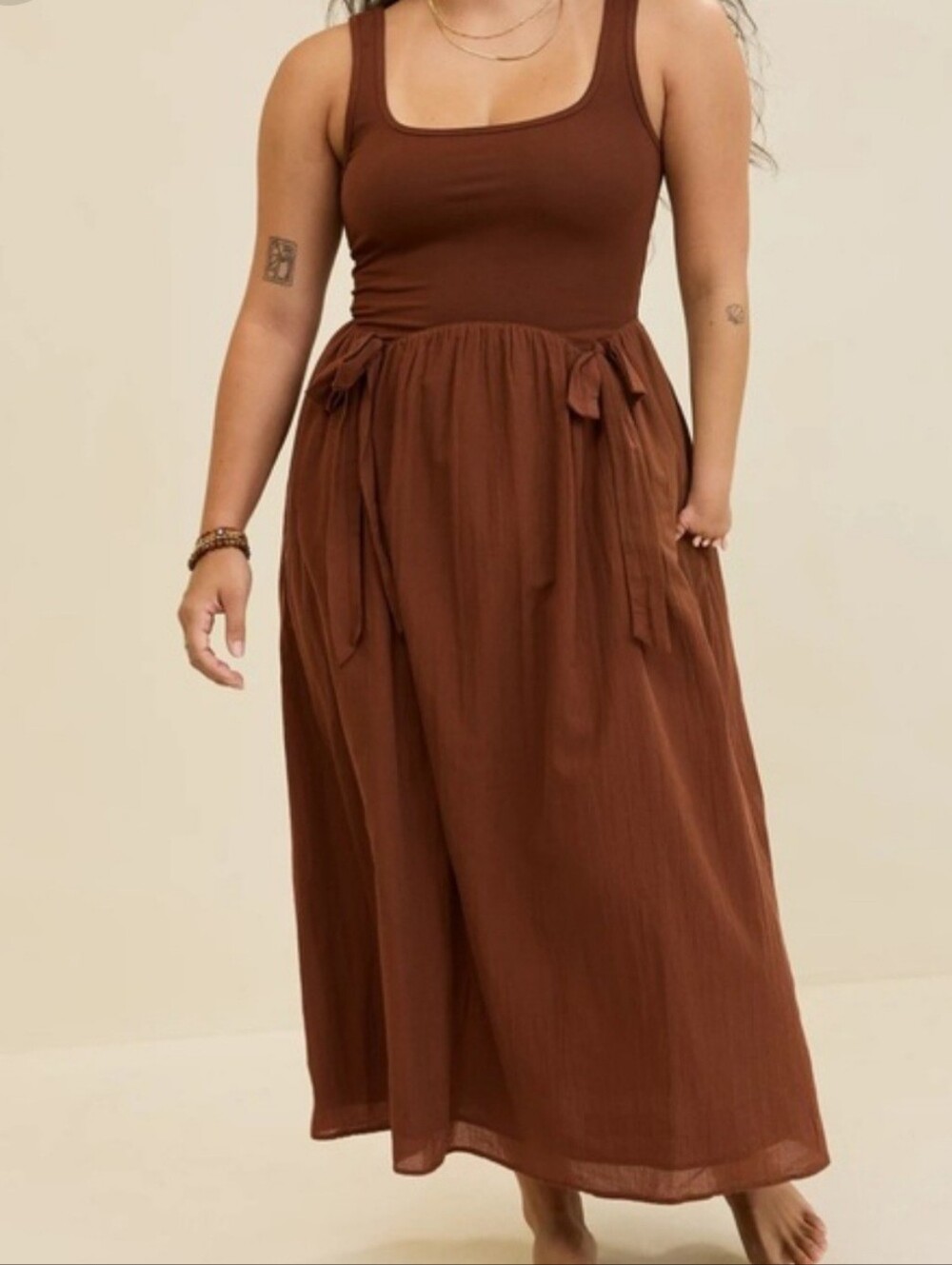 NWT Aerie At The Barre Midi BOW Dress in Brown Universe Size Large Pockets
